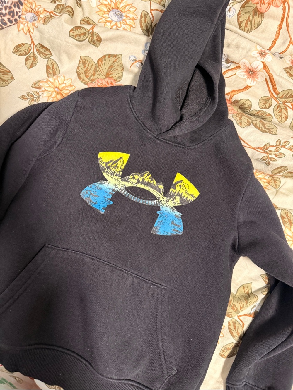 Under Armour Black Hoodie with Yellow and Blue Scenic Print